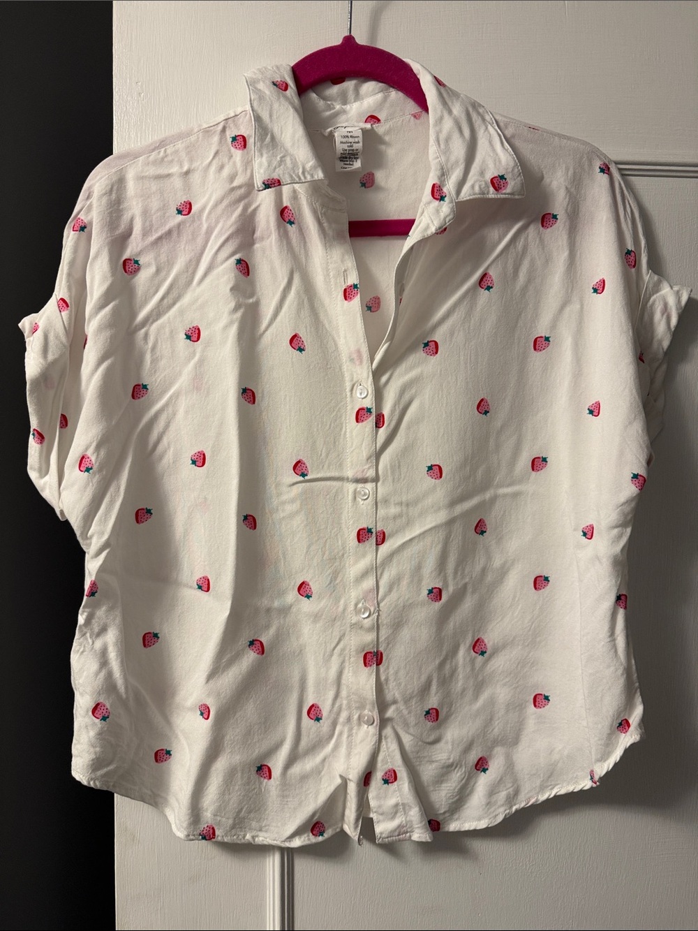 Japna Strawberry-Print Button-Up Short Sleeve Top